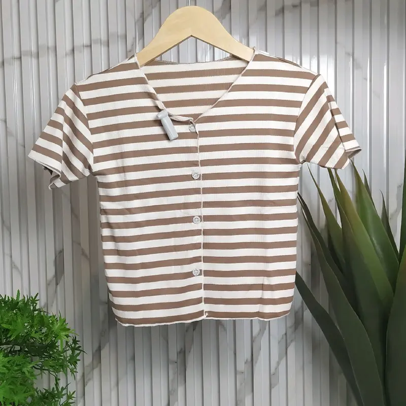 CROP TOP LENGAN PENDEK MOTIF GARIS GARIS KOREAN STYLE Wanita Atasan Baju Kaos Lembut Nyaman 3