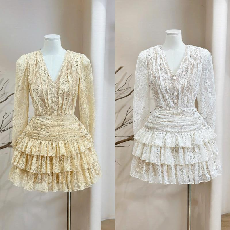   Kiều Linh -Váy Dự Tiệc Thiết Kế Dáng Ngắn KL816 chất liệu Ren Hoa Thêu Cổ V Chân Váy Xinh 3 Tâng 2 Lớp Lót Giấu Đường May Kĩ 