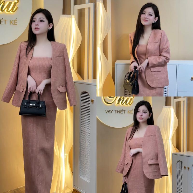 A01 Set 2 món váy và khoác váy dạ 2 dây kèm khoác dạ