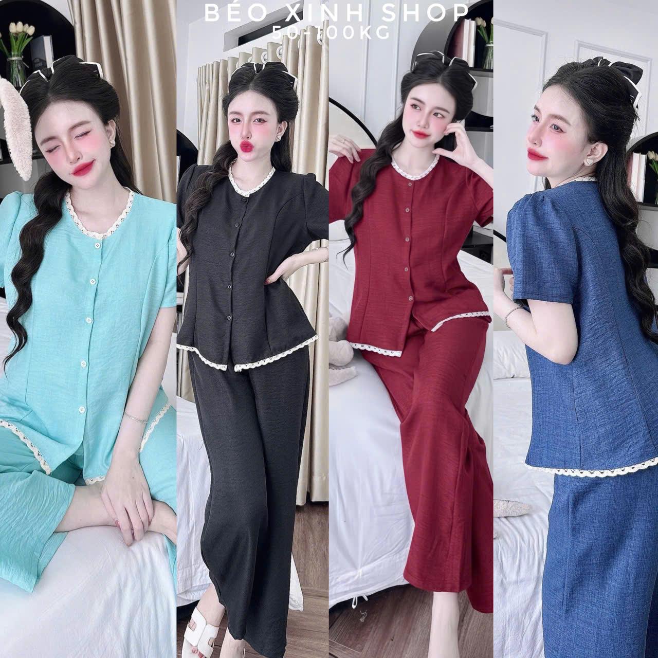 Thời Trang Bigsize Set Quần Áo Nữ Cổ Tim Phối Ren Tiểu Thư Quần Dài Thoải Chất Đũi Vân Mây Bigsize 50–95Kg Nữ Top Women –  A.1653