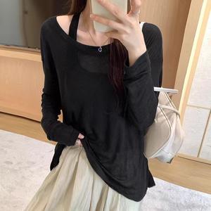 Lazy slouching-neck thin-style sun protection long-sleeved t-shirt for women - pure color base layer with a strapless, sexy, irregular two-piece top set sora  clothing plaid  shirt linen  shirt poplin  top