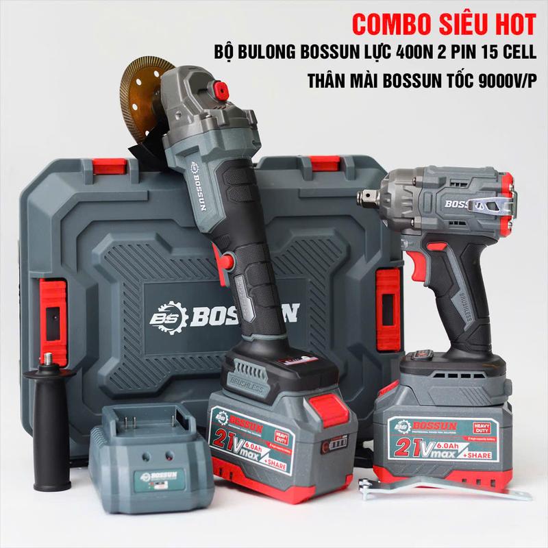Máy Siết Bulong pin BOSSUN Lực Siết 400N Kèm Thân Máy Mài BOSSUN, Không Chổi Than, Lực Siết 400nm , 3 Cấp Tốc Độ , Đầu 1/2, Bộ 2 pin 15Cell