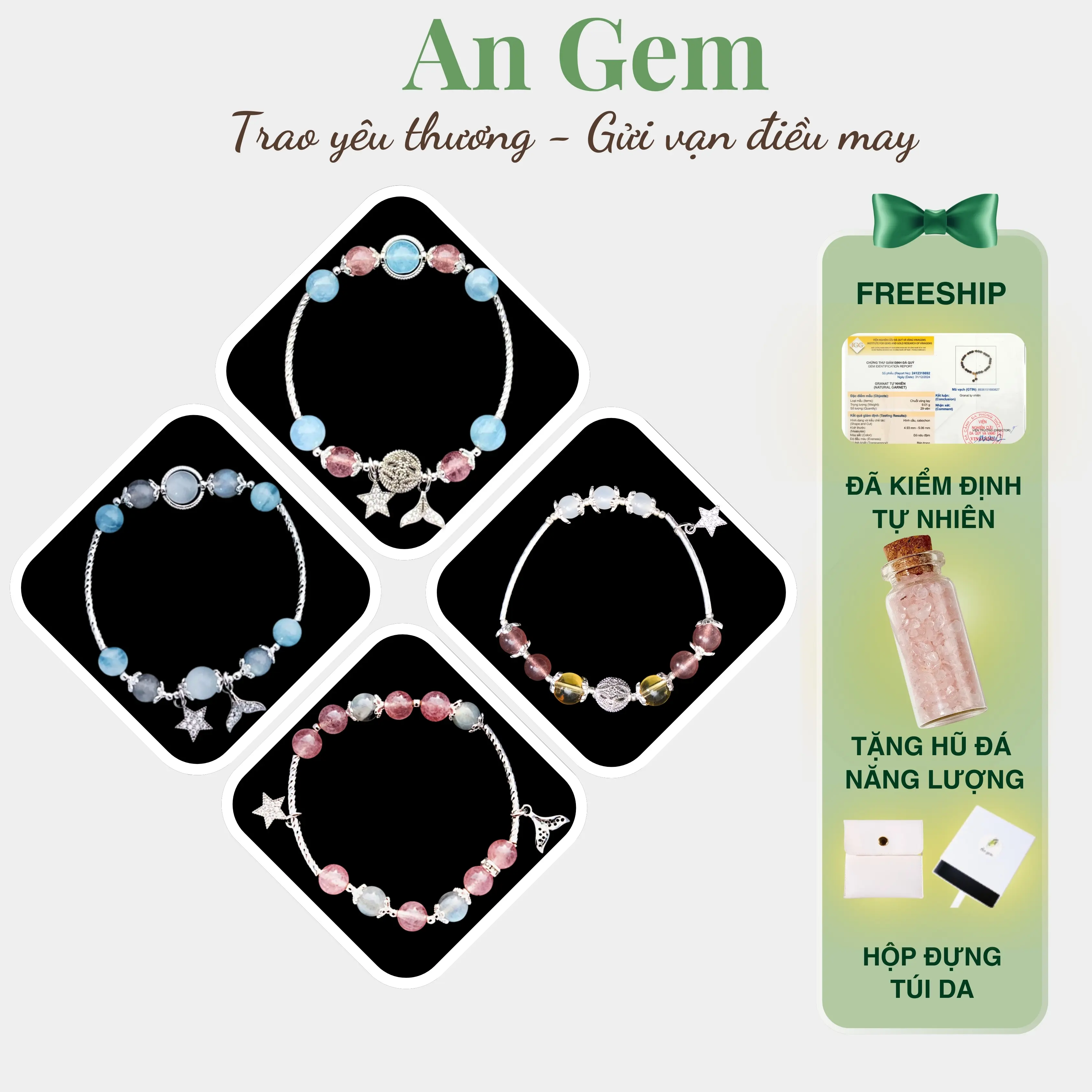 Vòng tay đá Angem mix 2 loại đá tự nhiên full charm may mắn phụ kiện đeo tay nữ quà tặng sinh nhật giáng sinh Noel Tết Valentine Bracelet [TẶNG HŨ ĐÁ NĂNG LƯỢNG]