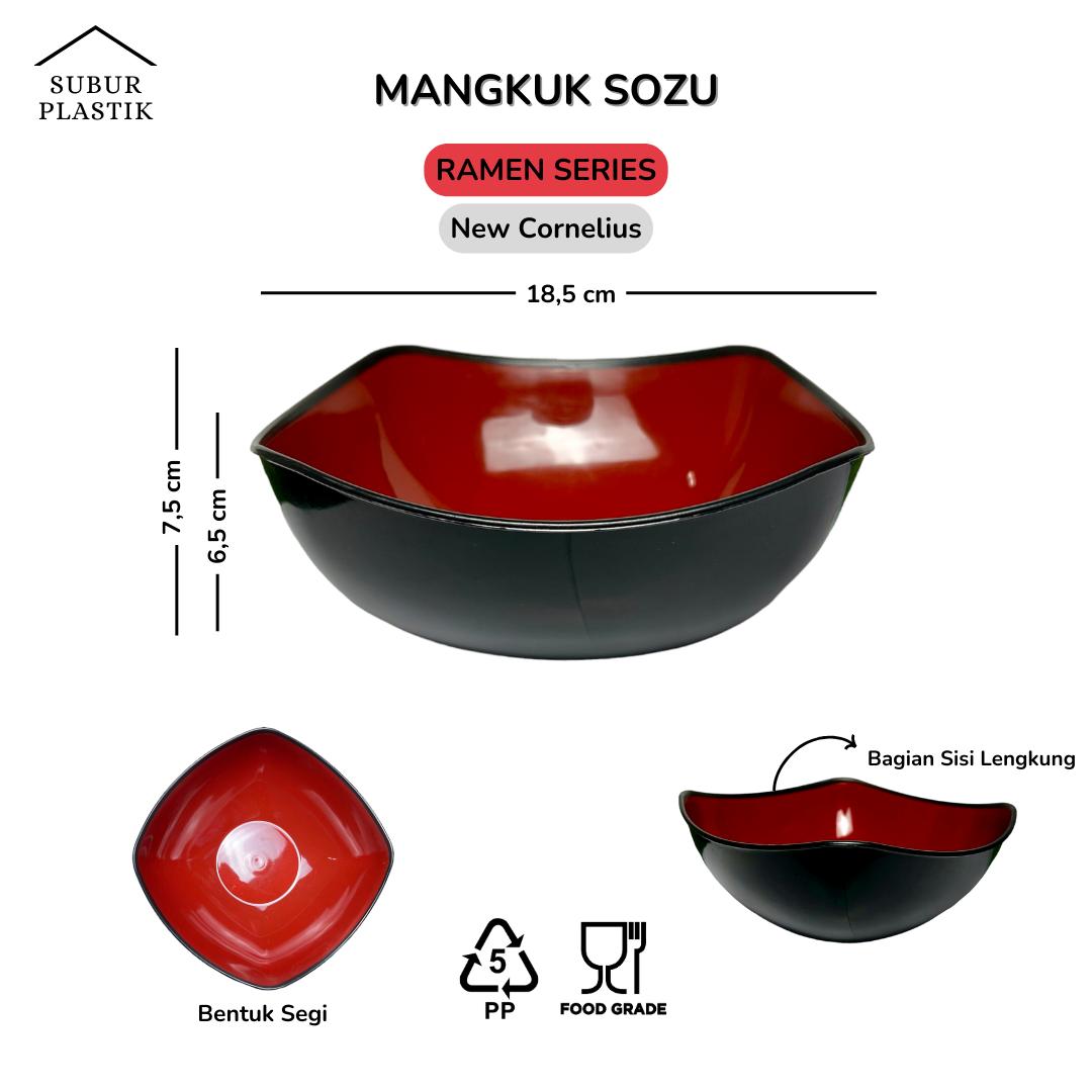 [12 pcs] Mangkuk Ramen Plastik Sozu Segi XL Cornelius 586 Hitam Merah Tahan Panas Lengkung Jumbo