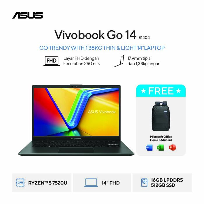 Gambar Asus Vivobook Go 14 E1404FA VIPS [R5-7520U|RAM 16GB|SSD 512GB|Win11|OHS24+365] dari megacom.id Kota Administrasi Jakarta Pusat Tokopedia