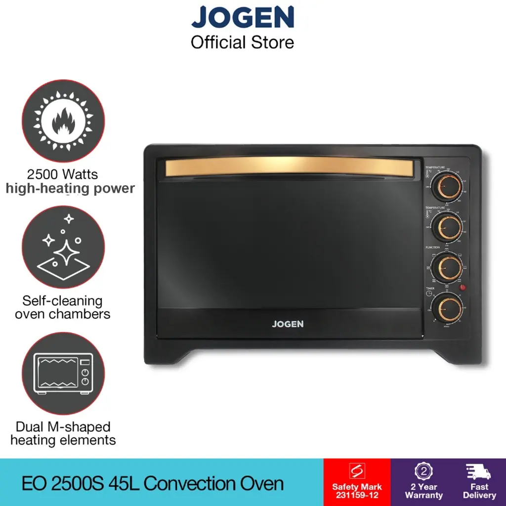 JOGEN Perfect Bake EO 2500S 45L Self Cleaning Convection Oven 2500W Bake Roast Grill 2 Year Warranty