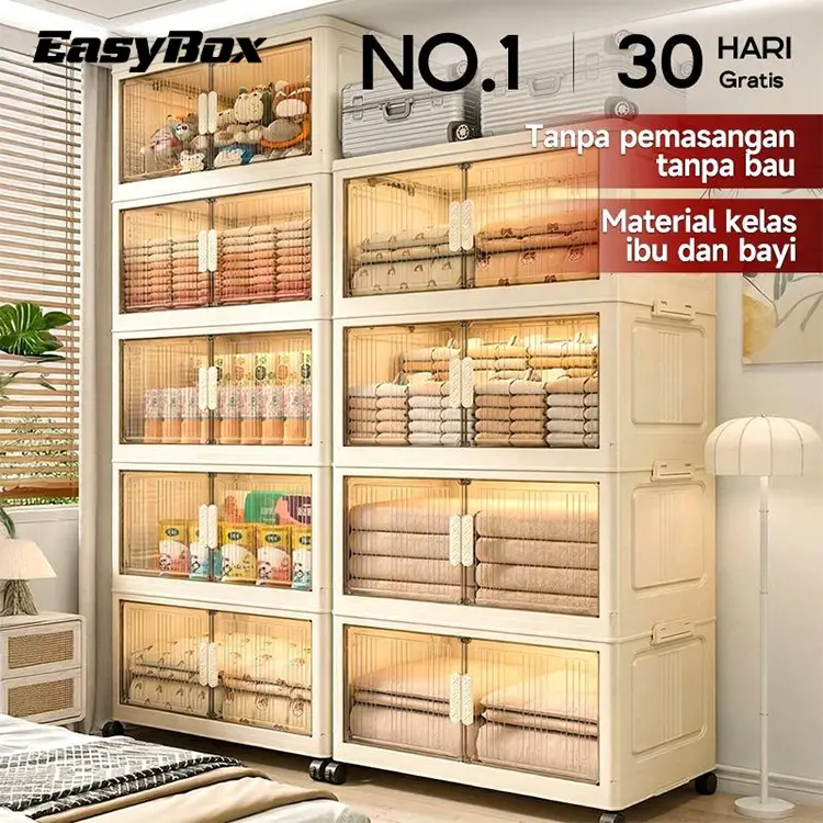 EasyBox Tempat Penyimpanan Jumbo Lipat 55/70cm 3-7 Susun Lemari Plastik Serbaguna Anti Debu dengan Roda