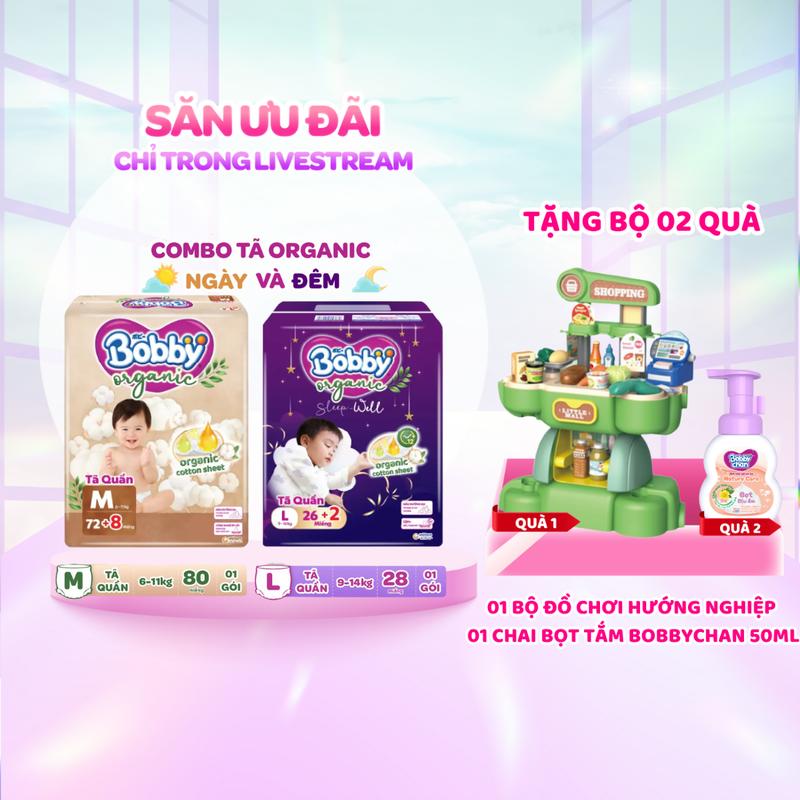   KOL   COMBO ORGANIC-TẶNG:BỘ ĐỒ CHƠI,BỌT TẮM 50ML  Tã Bỉm quần Bobby Organic Ngày và Đêm size M L XL XXL XXXL cho bé từ 6kg-35kg  CỘNG MIẾNG NGẪU NHIÊN  