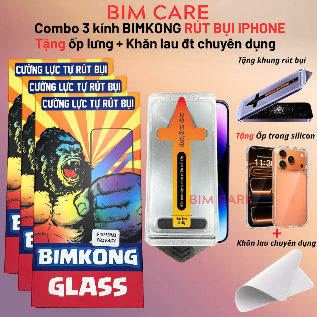 (BIMKONG RÚT BỤI VIỆT 2) Kính cường lực BIMKONG  dành cho iphone có khung tự dán tại nhà dành cho  X Xsmax 11promax 12promax 13promax 14promax 15promax 16promax 17Promax - BIMCARE