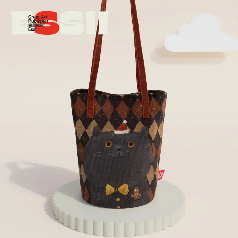 Gingerbread cat print one-shoulder bucket bag