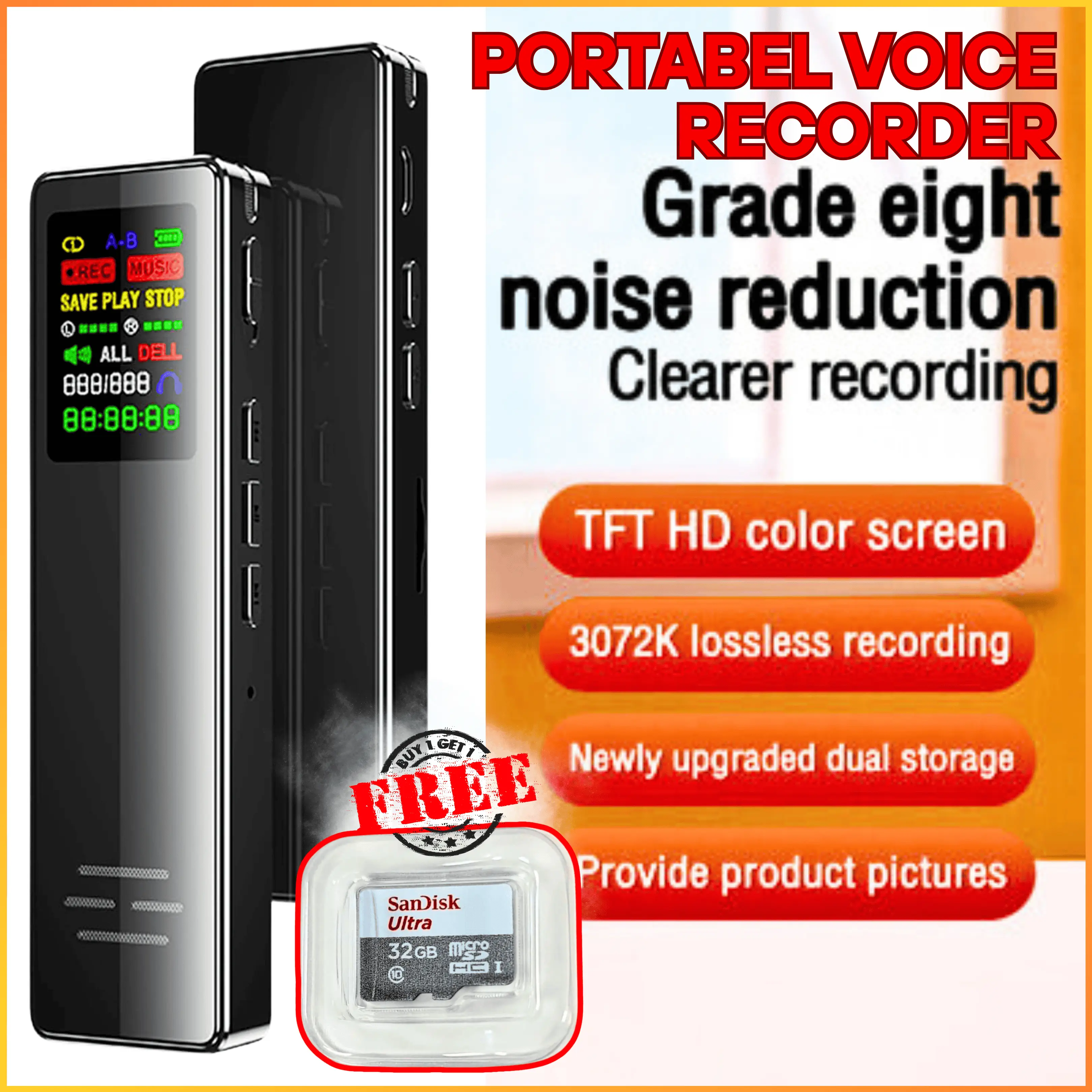 COD Perekam Suara + Memori SD Card 32GB Tersembunyi Jarak Jauh Mini Portable Voice Recorder MP3 ZD67