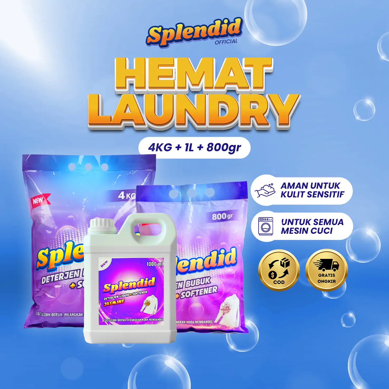 Splendid Detergent Laundry Deterjen Bubuk 4kg + 800gr Liquid 1L Detergen Mesin Cuci Anti Bakteri