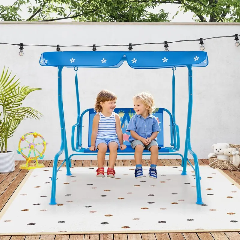 GYMAX Kids Patio Swing Chair, 2 Seats Garden Swing Bench with Adjustable Canopy and Safety Belts, Porch Swinging Lounger Seater for Outdoor & Indoor 8