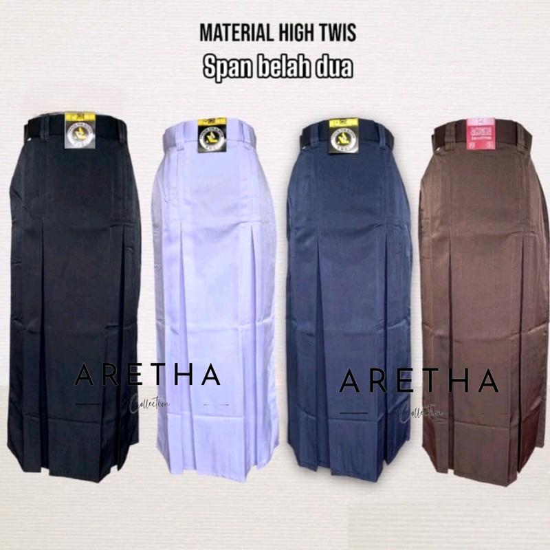 Rok SPAN BELAH DUA Depan Seragam Sekolah Kerja Hitam Putih Coklat Pramuka Biru SMP Abu SMA/SMK Panjang Rempel Formal - Karet, Merah Tebal Basic 0