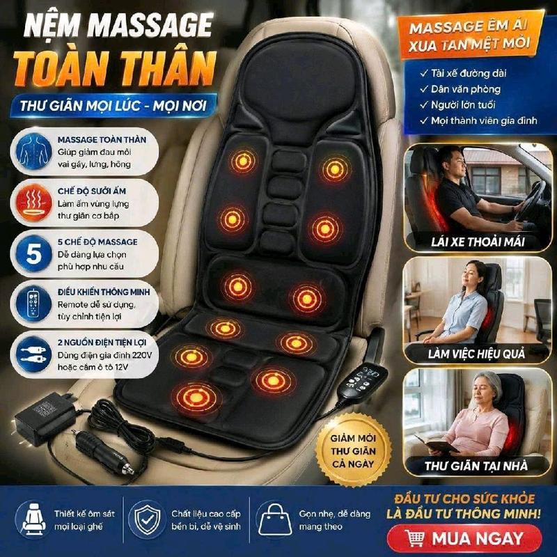 Nệm Massage Toàn Thân Thu Giãn Mọi Lúc Mọi Nơi Với 5 Chế Độ Massage & Điều Khiển Thông Minh Dành Cho Xe Hơi