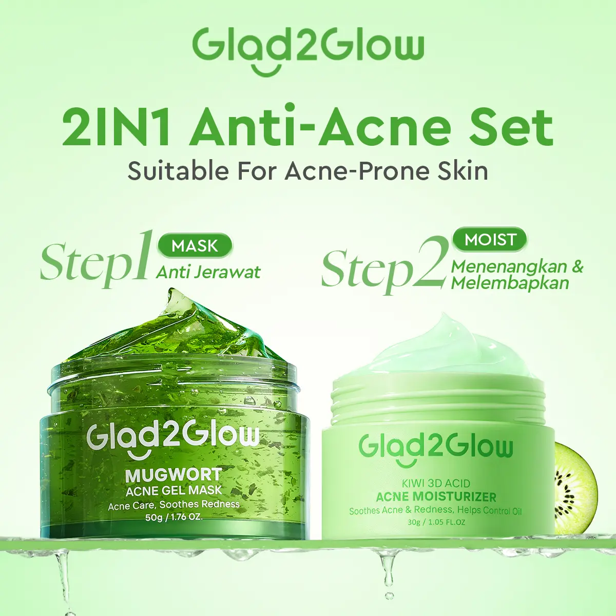 [Acne combo] Glad2Glow Day&Night anti-jerawat moisturizer combo Skincare Paket-Acne Moisturizer+Centella Moisturizer Ceramide Kering Membersihkan Wajah Acid Cooling Kotoran Mencerahkan Vitamin Berjerawat Niacinamide Facial Exfoliating Pencerah G2G