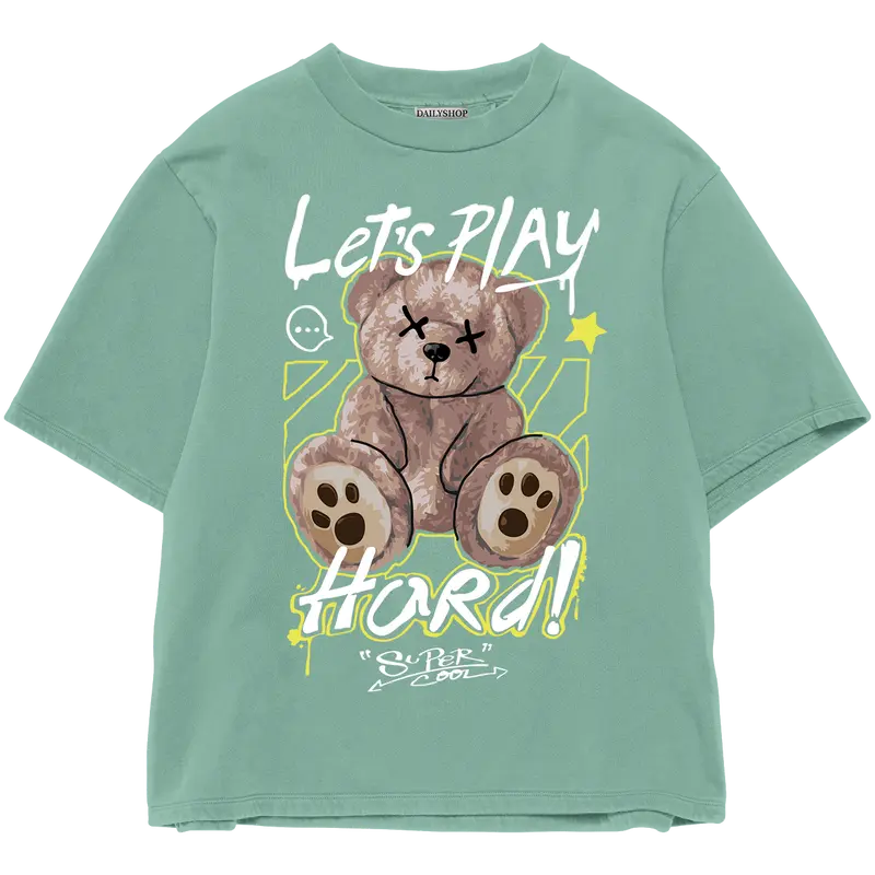Kaos Wanita Pria Bahan Katun Teddy Bear Lets Play Beruang Lengan Pendek combed baju T-shirt Dewasa Top atasan Distro Unisex Tebal Merah 6