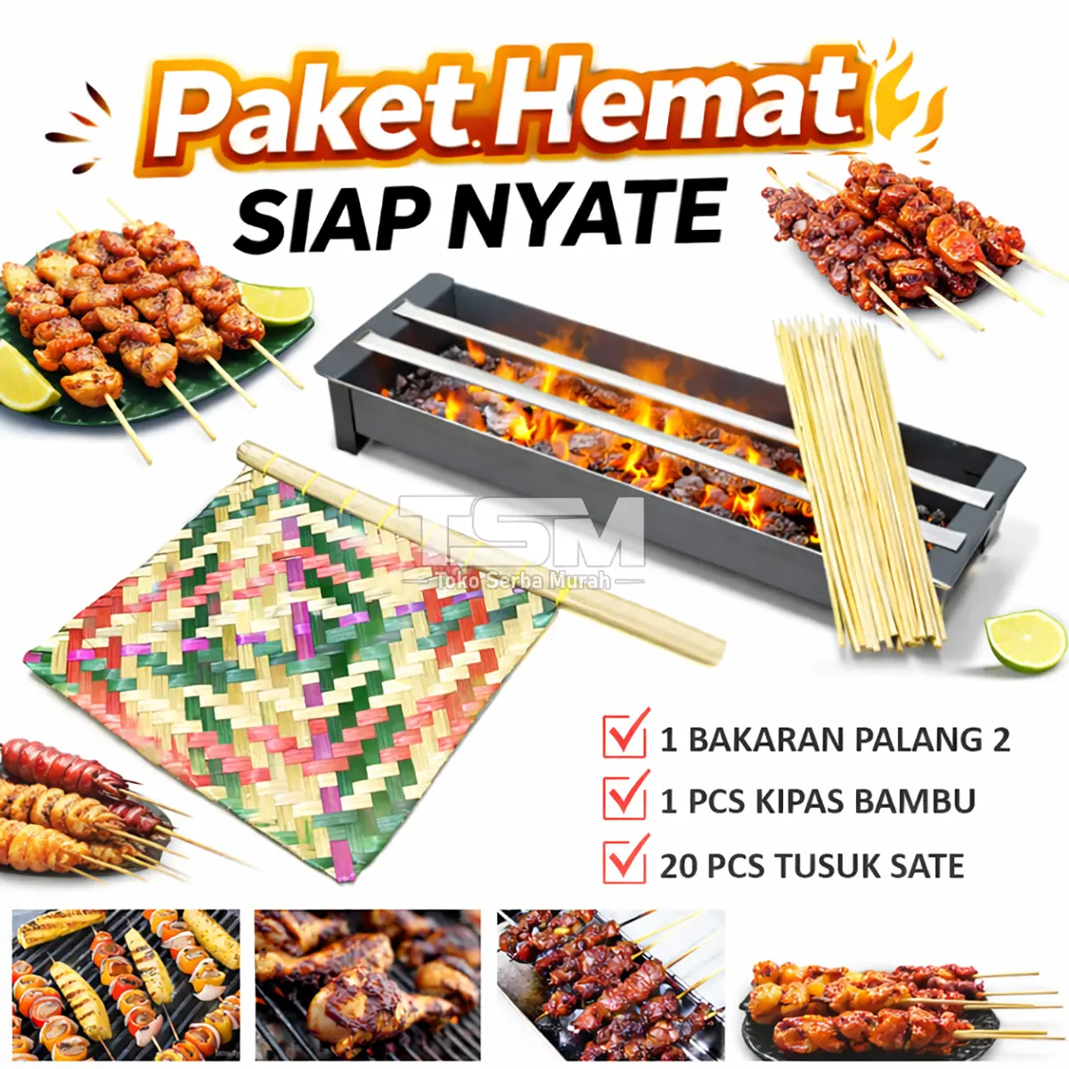 Paket Hemat Panggangan Sate Arang Bakaran Siap Nyate Set Kipas Bambu Tusuk Sate Kitchenware