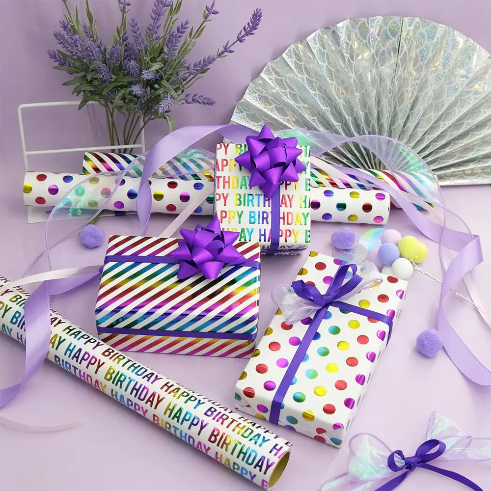 3Pcs Birthday Wrapping Paper Iridescent Gift Wrapping Paper Rainbow Wrapping Paper for Flower Gift Baskets Wrap DIY Wrapping Suit for Birthday Valentines Day