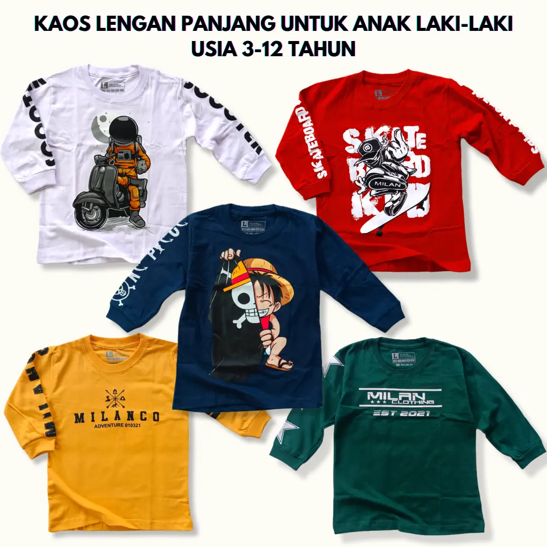 Kaos Lengan Panjang Rib / Kaos Lengan Ban untuk Anak Laki-Laki Usia 3-12 Tahun Terbaru Kekinian - Fashion Anak