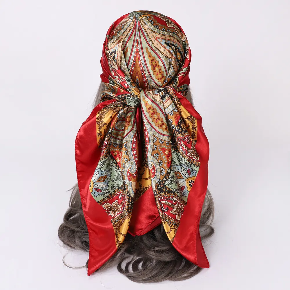 90*90cm Scarf pola jambu mete klasik eropa dan amerika syal wanita selendang trendi dan serbaguna hijab jilbab sutra imitasi handuk persegi panjang head