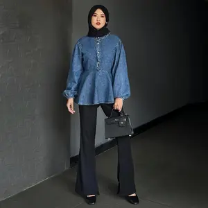 Pola Wear Aeera Blouse Denim Wanita Atasan Kemeja Jeans Nyaman Formal Lengan Panjang Peplum Oversize Baju Santai Soft Jeans Premium