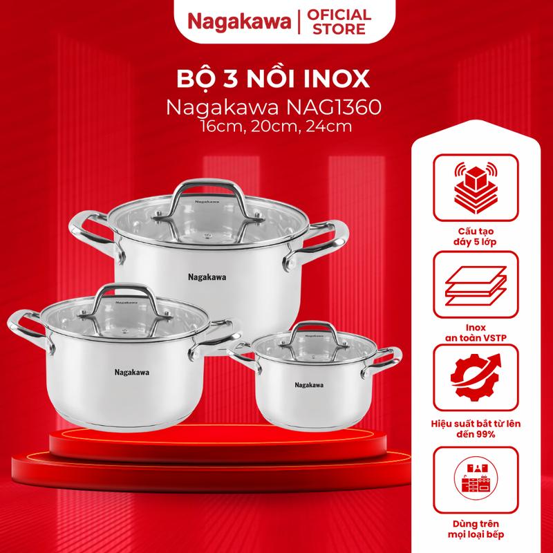 Bộ 3 Nồi Inox 5 Đáy Nagakawa NAG1360 – Hàng Chính Hãng – Tương Thích Mọi Loại Bếp