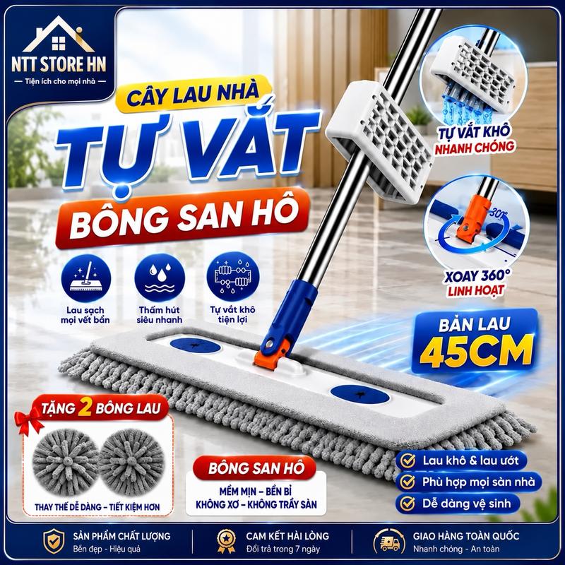 (1 Chổi + 2 Bông Lau) Cây Lau Nhà San Hô 45x12CM Xoay 360 Độ Tặng Kèm 2 Miếng Lau San Hô (Không Kèm Xô)