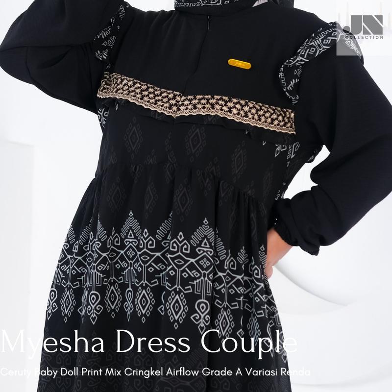 Gamis Sarimbit Myesha Dress Ceruty Print Mix Cringkel Airflow Grade A Variasi Renda FREE Hijab Segi Empat Mewah Elegan 4