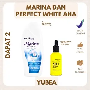PAKET MENCERAHKAN PERFECT WHITE AHA SERUM 50ML/100ML DAN MARINA UV WHITE HEALTHY AND GLOW 185 ML/460MLPencerah