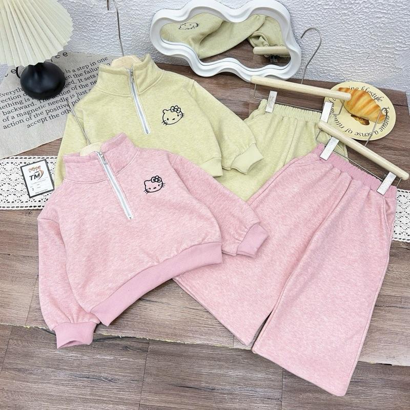   Nini Kids - Sét áo kèm quần nỉ nhung mềm thêu kitty đủ size 8-35kg   h69- nỉ nhung hồng  