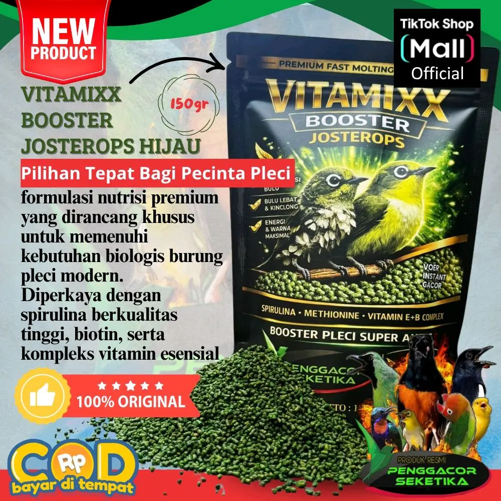 Vitamixx Booster Josterops hijau 150 g Makanan Tambahan Premium untuk Burung Pleci Sehat Aktif & Gacor Maksimal