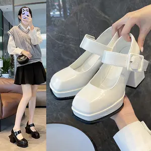 Sepatu Hak Tinggi Tahu Wanita Terbaru Korea Hitam Tali Gesper Murah Big Size Pointed Toe Black Mary Jane Platform Shoes Pump Chunky Block High Heels Import 9cm Elegan Modis - Ukuran 35 36 37 38 39 40 41 42