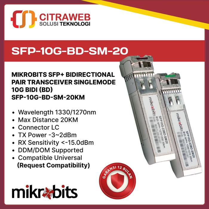 Gambar Mikrobits SFP+ Transceiver SFP-10G-BD-SM-20KM dari Citraweb Kab. Sleman Tokopedia