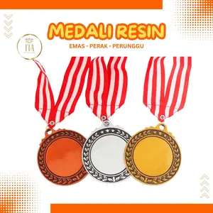 Medali Warna Emas Perak Perunggu Plus Tali Merah Putih Medalion Gold Silver Bronze Penghargaan Lomba Kejuaraan Olimpiade Hadiah Wisuda Souvenir Acrylic Akrilik 100% Bahan Resin