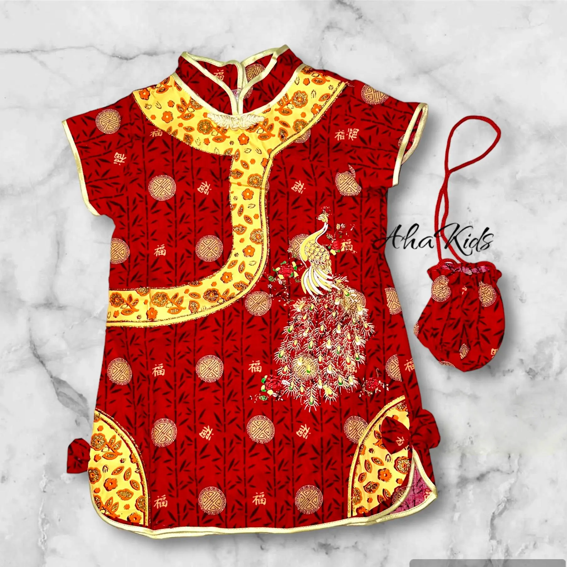 DRESS CINA CHEONGSAM MOTIF BURUNG MERAK ANAK PEREMPUAN LUCU/BAJU CINA DRESS ANAK MODEL TERBARU Fashion