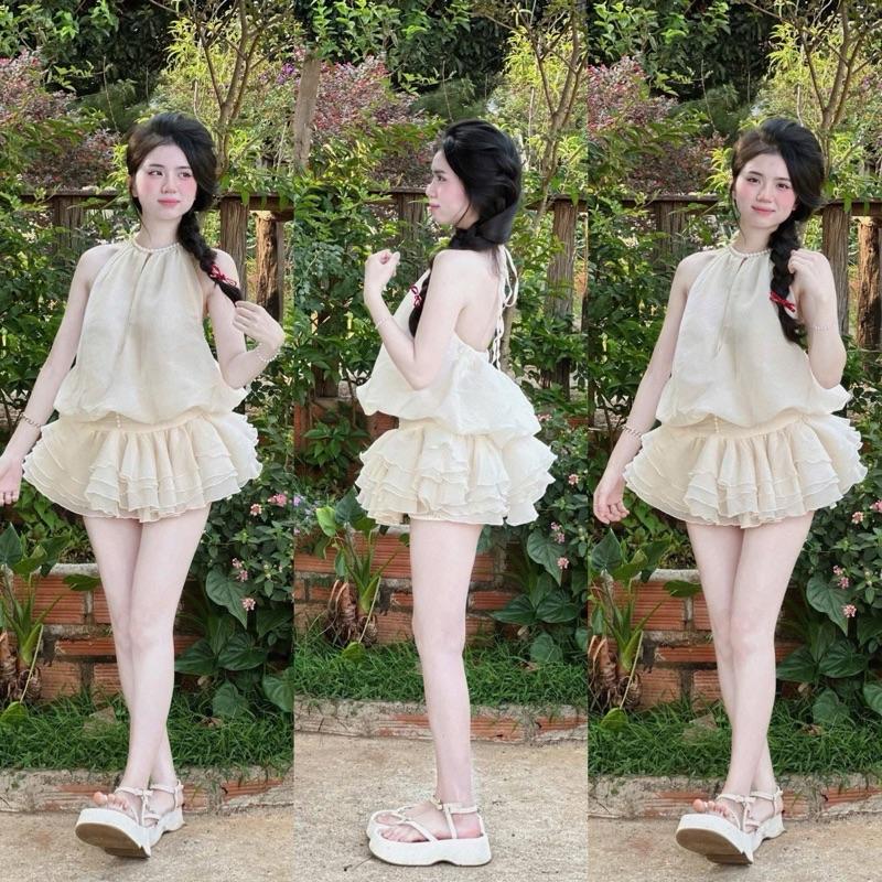 Sét Áo Yếm Cổ Ngọc Thắt Nơ Mixx Chân Váy Tầng Xoè Bồng Phong Cánh Nhẹ Nhàng đầm hở lưng nhẹ nhàng đầm phồng xoè công chúa set vay váy cổ yếm xoè công chúa áo babydoll