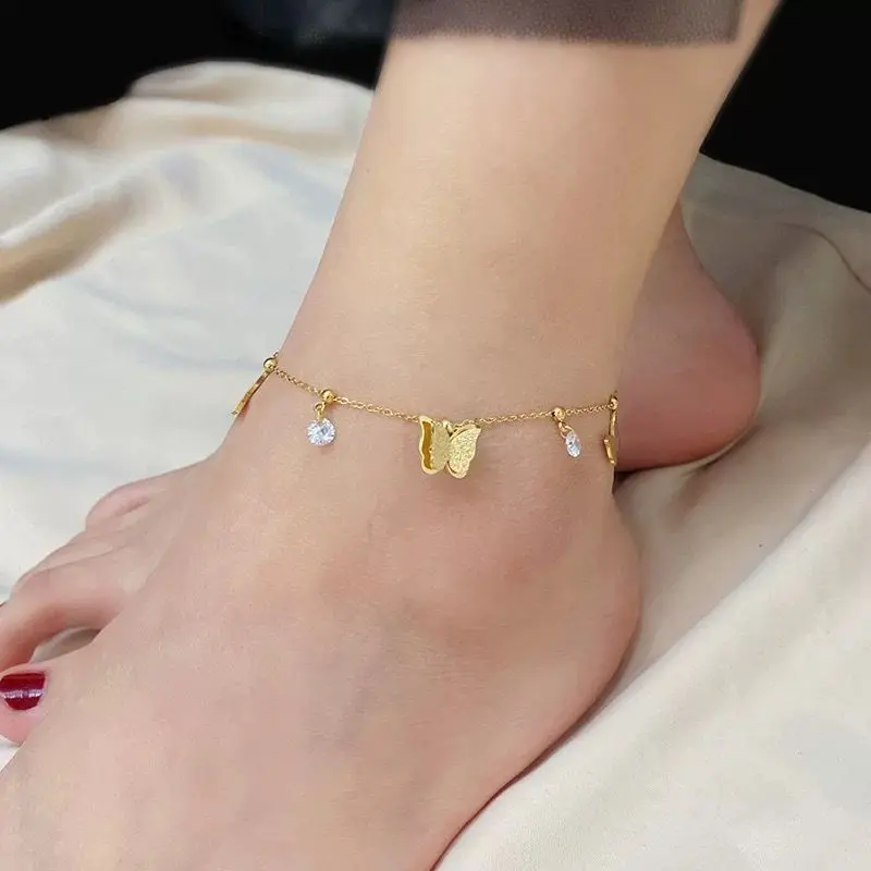 GK21 - Gelang Kaki Diana Bentuk Tiga Butterfly Gold Titanium Steel Model Korea Anti Karat 6