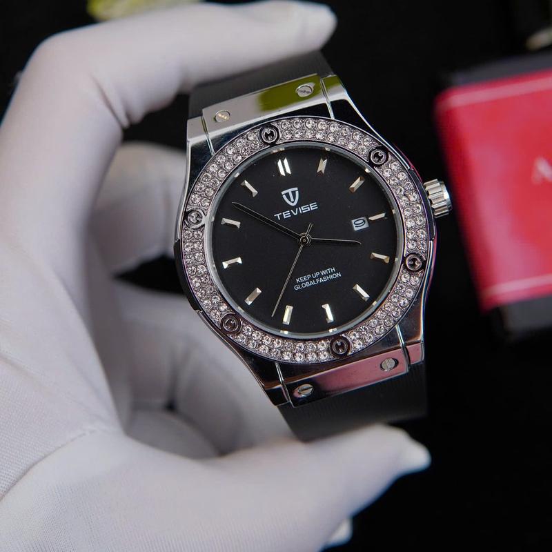 TRI ÂN D37 Đồng hồ nam TEVISE ĐEN 1 VIỀN ĐÁ CHÍNH HÃNG lịch sự. basic bảo hành 12 tháng
