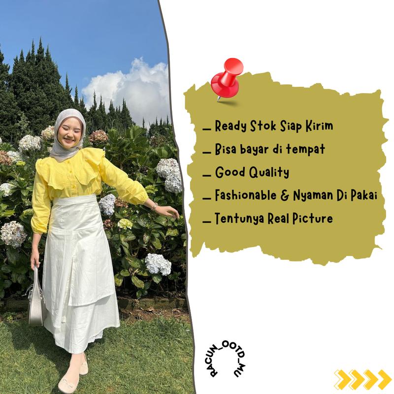 Setelan OOTD Kekinian 3in1 Style Korea Wanita Baju Blouse Ruffle & Rok Susun Mekar dengan Hijab Muslim Atasan 5