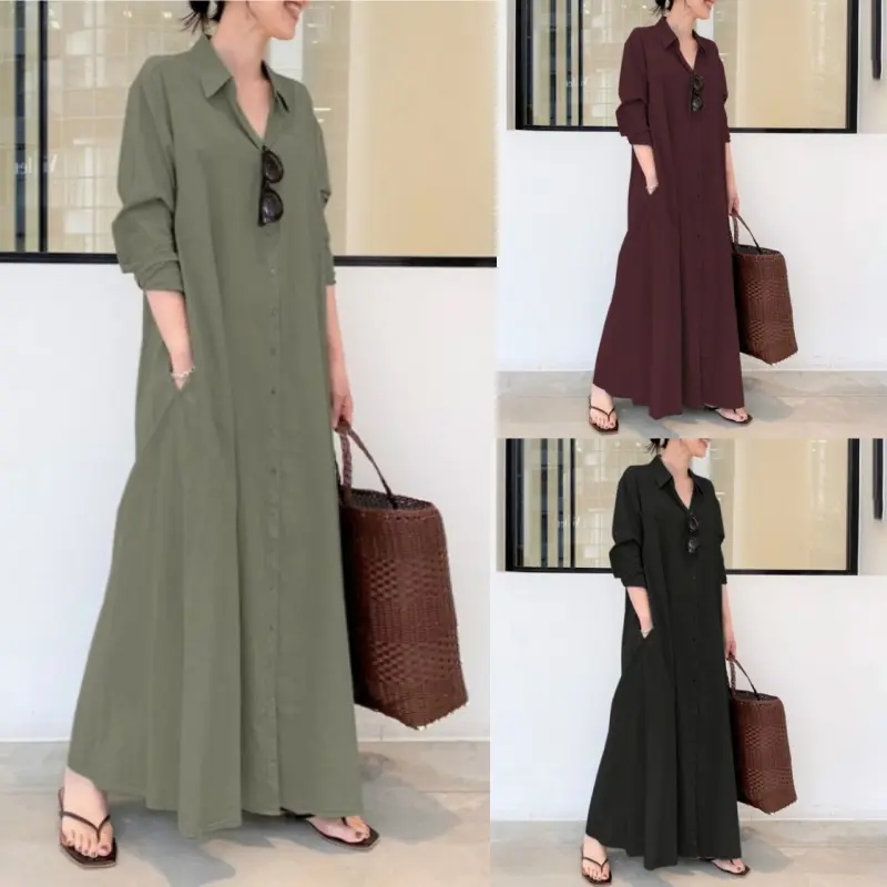 GDTIMA Hana Long Dress Korean Style Collar Casual Gaun Kerah Kasual Kancing Polos Lengan Panjang Kerah  Gamis Kancing Depan / GamisMurah