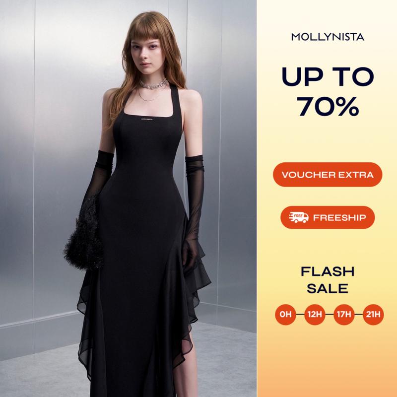 Đầm đen thiết kế cổ vuông tà von xéo MOLLYNISTA quyến rũ thanh lịch nữ tính cao cấp