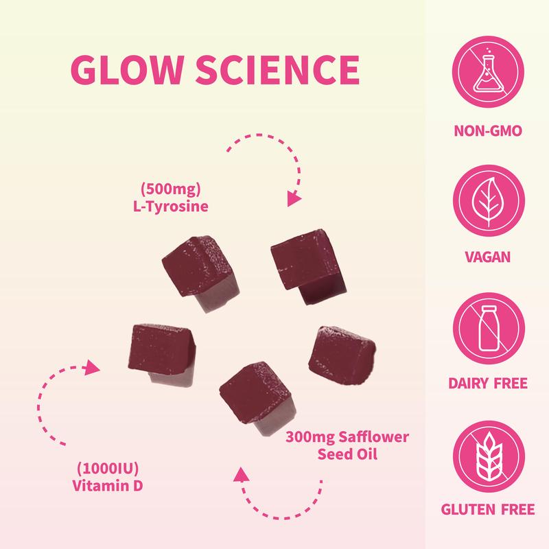 Product Introduction of Tanning Gummy, with L-tyrosine, Vitamin D+E, Beta-carotene, & Safflower Seed Oil for Skin Health & Glow, Vegan, Non-GMO, Sour Strawberry Flavor 40 gummies, Accelarate Tanning Process Supplement Dietary Healthcare Fitness Edible Beauty Optimum 6