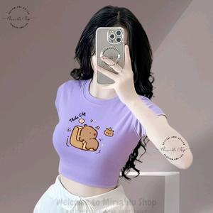 Áo Thun Croptop Basic Form Ôm Body Nữ Cổ Tròn Tay Ngắn In Hình "Capybara Style Thiếu Lốp (Love)", Kích Cở S M L, Women Sò Sen Hoa Sen Dáng Ngắn Thun