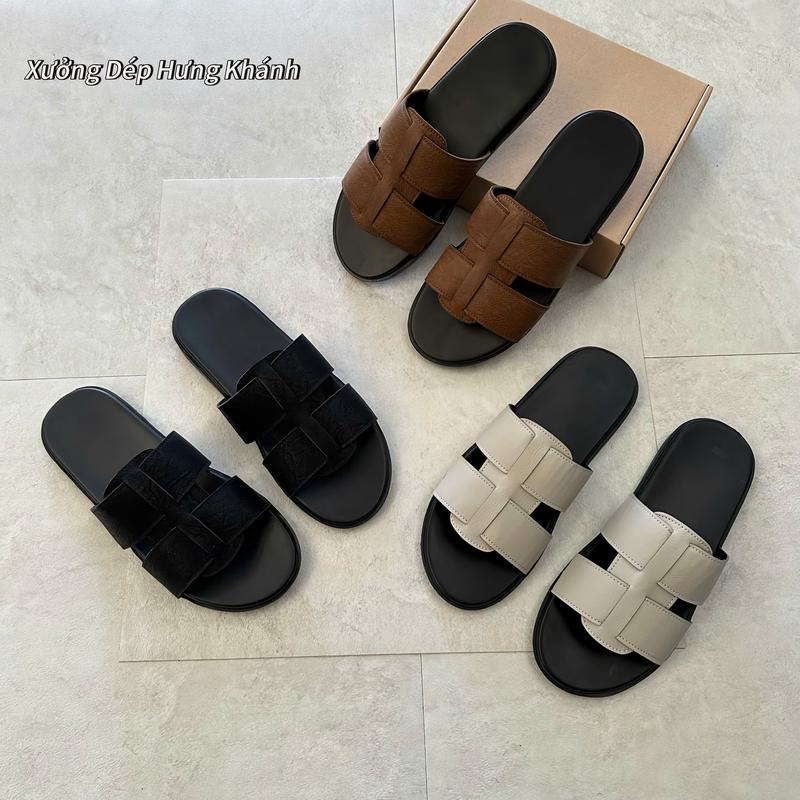    Khâu Xuyên Đế   Dép Lê Nam Quai Ngang Da Đan Chéo Thời Trang size 37-43 | Đế Cai Su Chống Trơn Trượt | Dép Hottren 2025  Nhung Đồng Quai Hậu Sandal Đế Bằng  