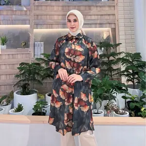 Syeza Tunic [LD 120cm PB 100cm] Tunik Motif Bunga Bahan Silky Premium | Atasan Jumbo Wanita Muslim