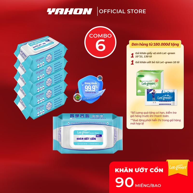 Combo 6 Khăn Ướt Cồn LET-GREEN 90 Miếng | Kháng Khuẩn 99.9%, Lau Sạch Vết Bẩn, Khử Khuẩn Tức Thì