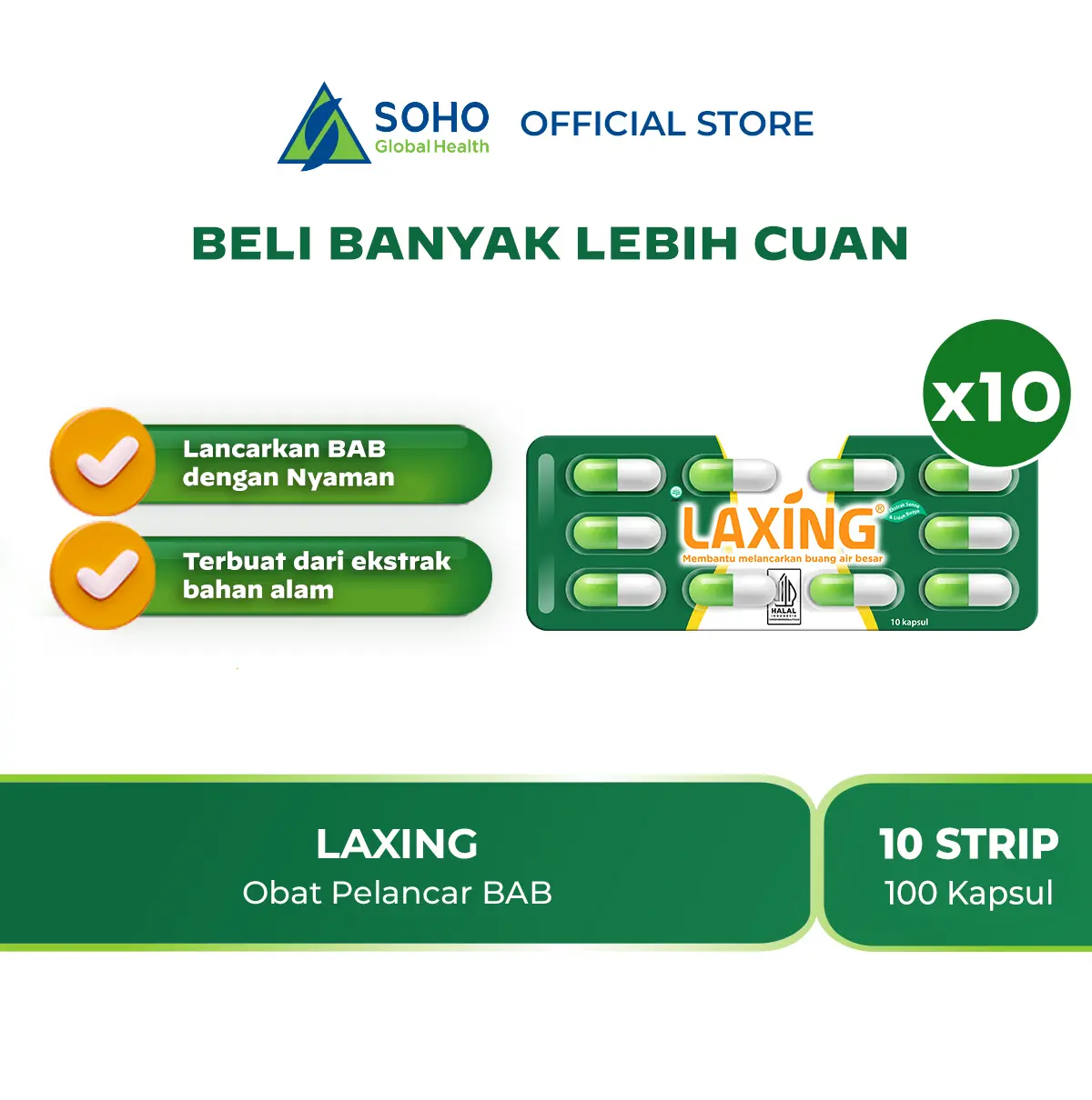 Laxing Pelancar BAB Herbal alami  / Sembelit / Begah / Konstipasi  1 Box Isi 10 Blister