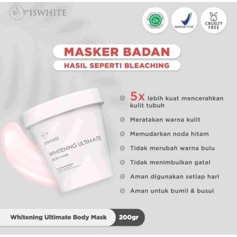 (UKURAN 70GR & 200 GR) ISWHITE MASKER BADAN BODY MASK WHITENING ULTIMATE Mencerahkan Tubuh 4