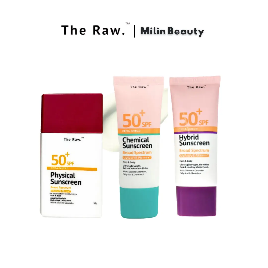The Raw. Cera-Shield Physical/Chemical/Hybrid Sunscreen SPF 50+ PA++++* Broad Spectrum UVA / UVB (For Face & Body)